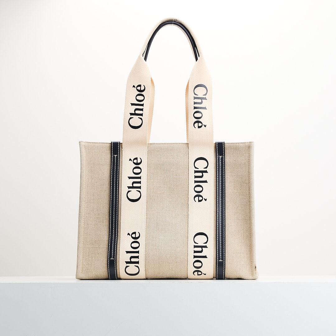 二手Chloe woody tote 亞麻帆布款/中號深藍
