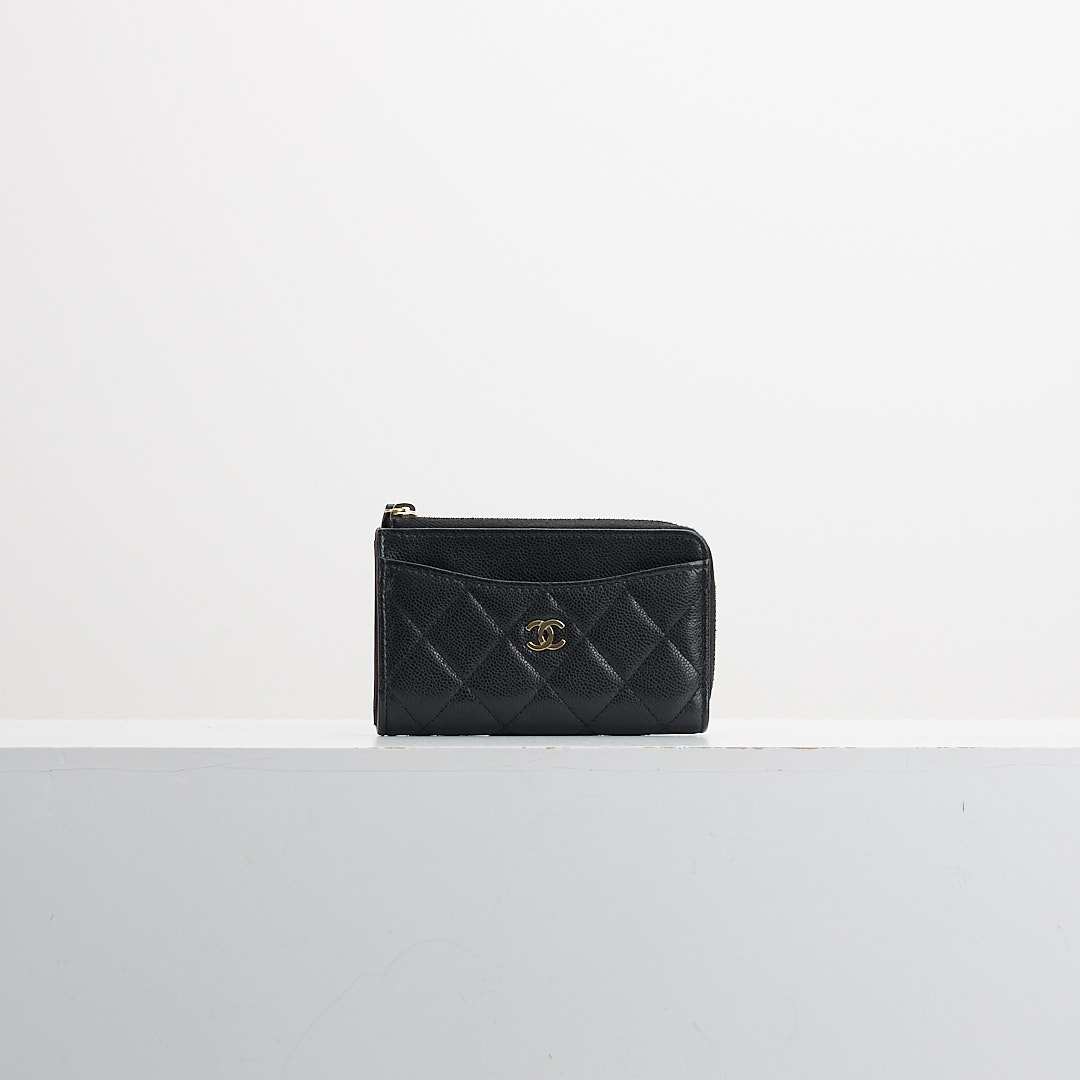 二手Chanel L拉鍊零錢卡包/黑金牛