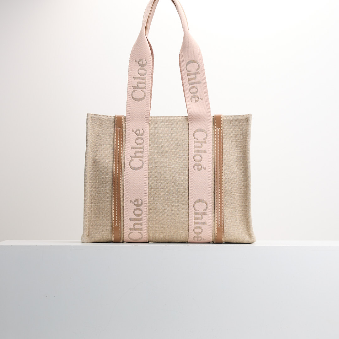 二手 Chloé Woody tote亞麻帆布中號/奶茶粉色 