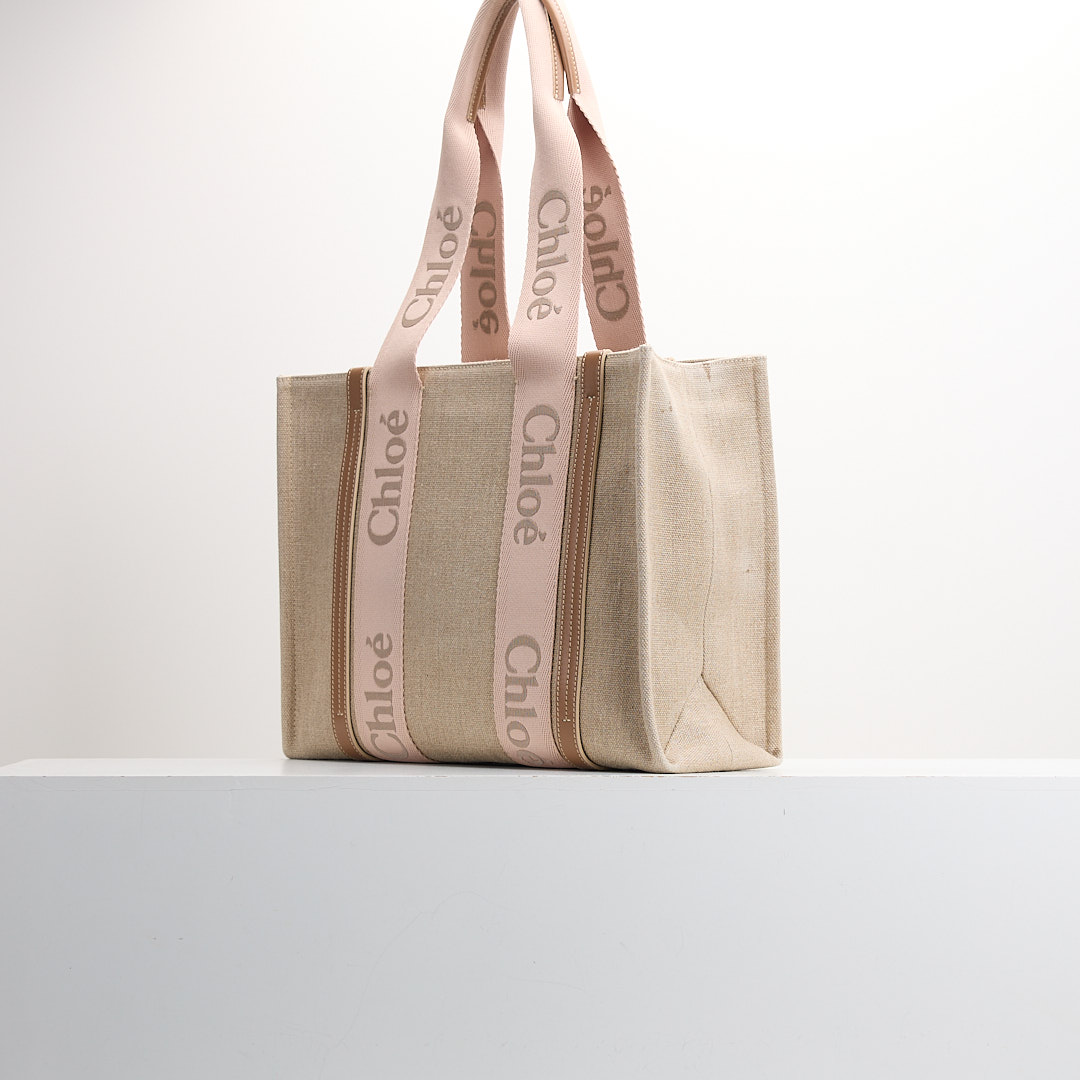 二手 Chloé Woody tote亞麻帆布中號/奶茶粉色 :圖片 3