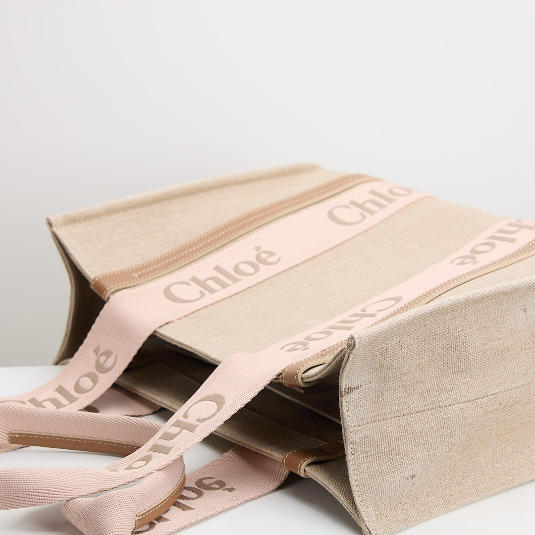 二手 Chloé Woody tote亞麻帆布中號/奶茶粉色 :圖片 6