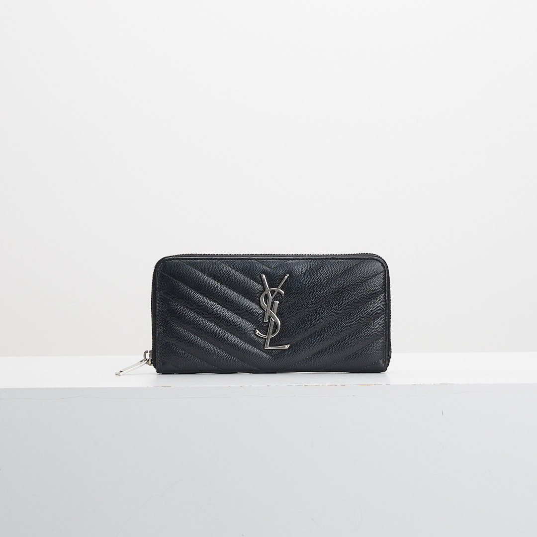二手YSL 拉鍊長夾/黑銀牛皮