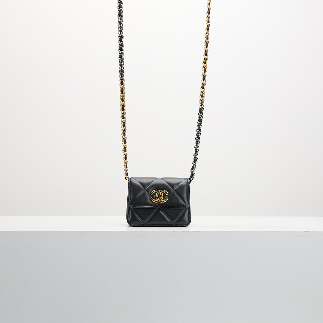 二手 Chanel 19 mini 雙層小鍊包 黑金